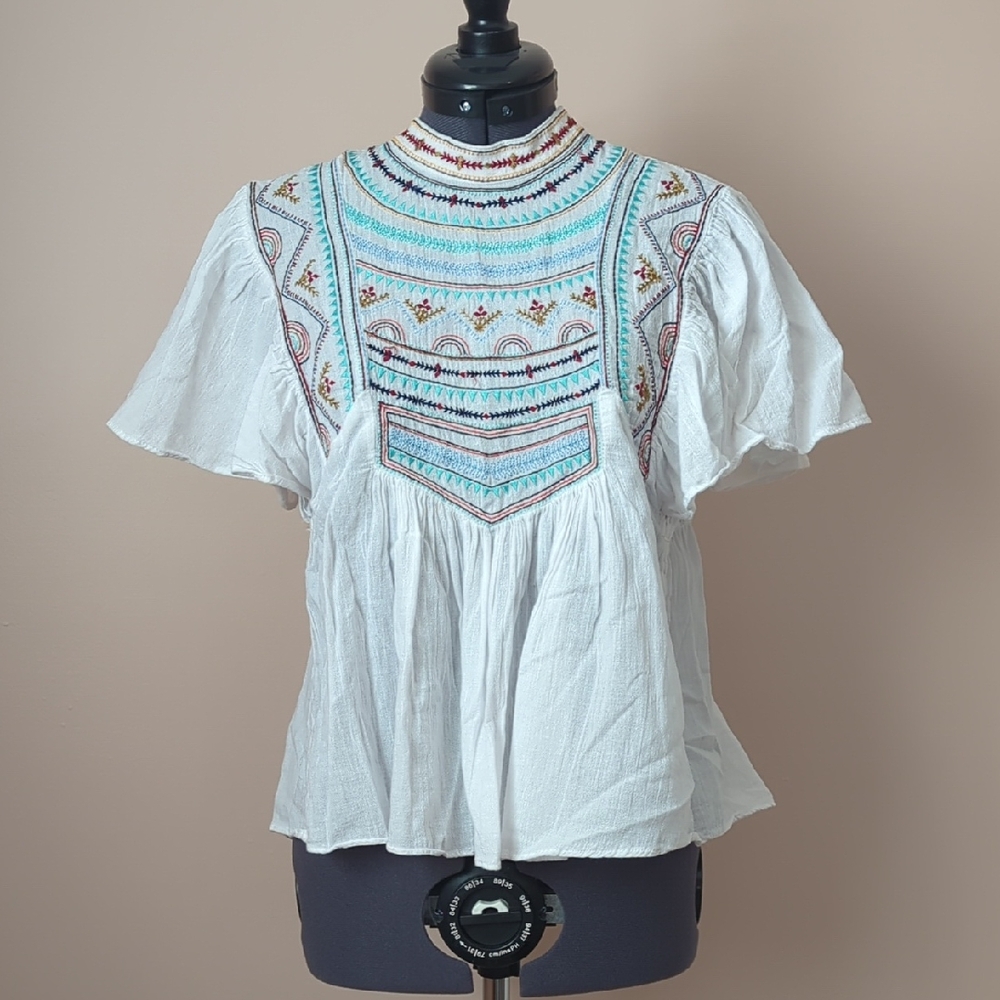 Zara White Boho Embroidered Yoke Blouse with Aqua and Pink Accents